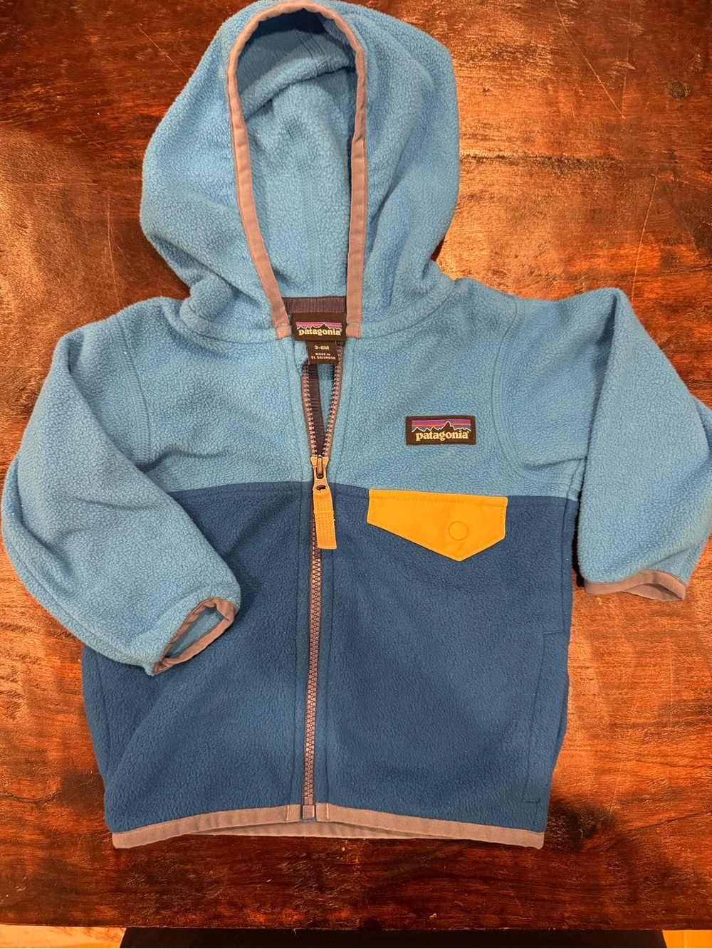 Patagonia Kids Two-Tone Blue Fleece Hoodie with Yellow Pocket Accent